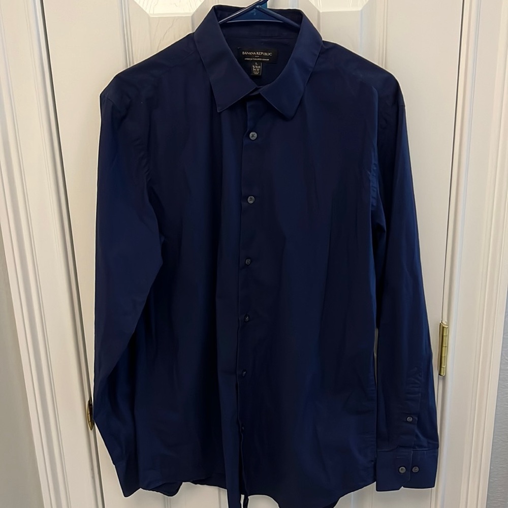Banana Republic Stretch Tailored Slim Fit Shirt~Navy Blue~ SZ Lg ~16-16.5/34-35